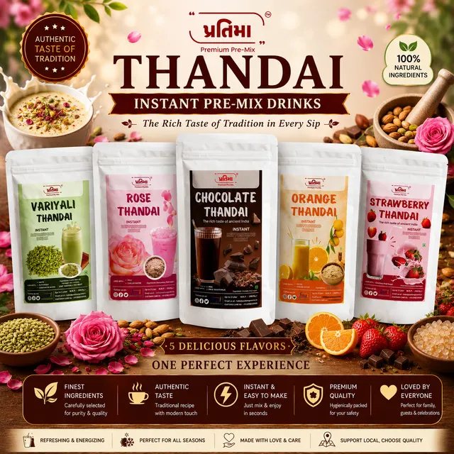 Pratima Premium Instant Thandai 5-flavour combo pack — rose, variyali, orange, strawberry, chocolate